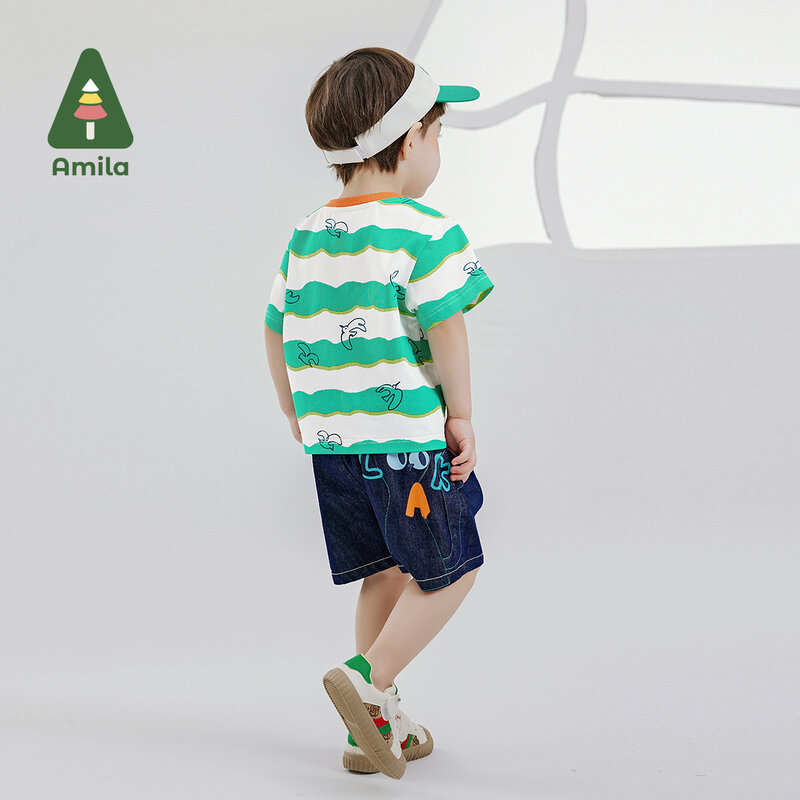 Amila atasan anak laki-laki, baju kerja leher bulat gaya katun tembus udara dengan lengan pendek bergelombang 2024 musim panas