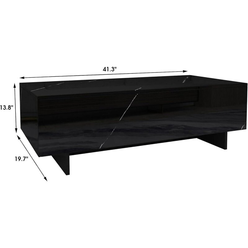 거실용 대리석 직사각형 커피 테이블, 블랙 사이드 테이블, 대기용 글로스 센터, 41.3 인치 Lx19.7Wx13.8 H