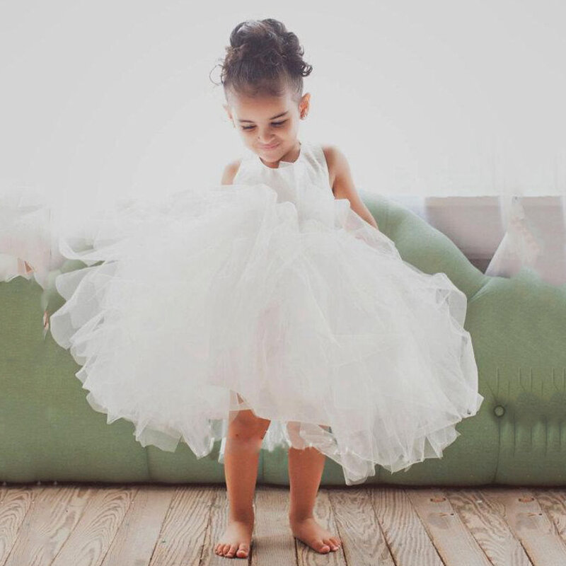 Cute Baby Girl Flower Dress senza maniche O Neck Ruffles Tulle Ball Gown Toddler es Wedding First comunione