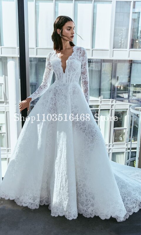 Sexy Formal Occasion Wedding White Sheer Embroidered Veil Long Sleeve A-Line Long Bridal Gowns Vestidos Novias Boda