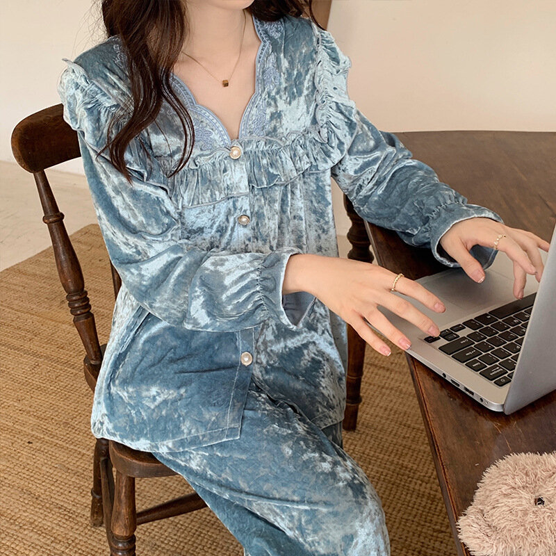 Женская бархатная одежда для сна, Пижамный костюм, элегантные брюки принцессы в дворцовом ретро-стиле, домашняя одежда, осенне-зимний свободный пижамный комплект
