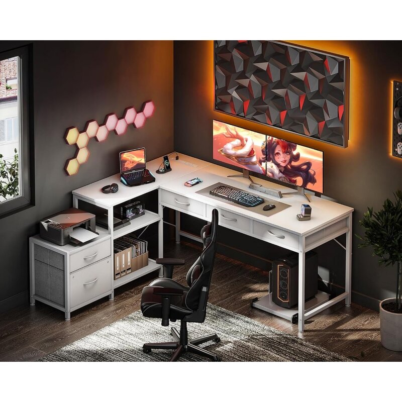 Biurko komputerowe w kształcie litery L, 61 Cal odwracalne domowe biurko stacji roboczej biurowe z gniazdem zasilania i stojakiem na konsole, białe