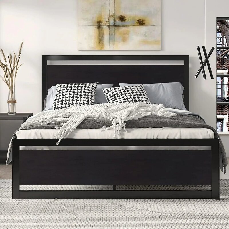 Quadro grande da cama do metal com cabeceira de madeira moderna, plataforma resistente, footboard quadrado sem caixa da mola
