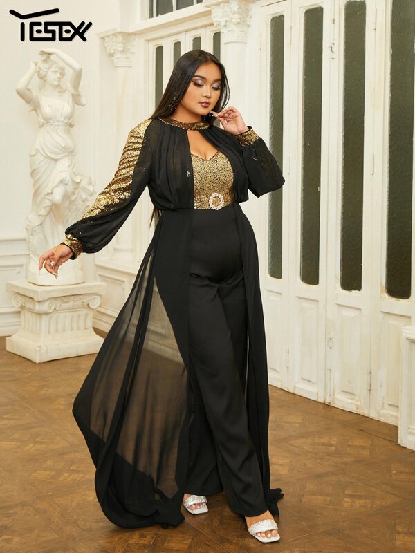 Yesexy New Plus Size Black Round Neck Long Sleeved Sequin Jumpsuit