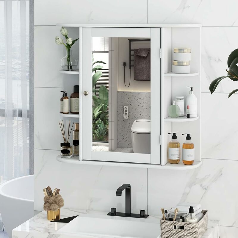 Tangkula Bathroom Medicine Cabinet with Mirror, Wall Mounted Bathroom Storage Cabinet w/Mirror Door & 6 Open Shelves, Adjustable