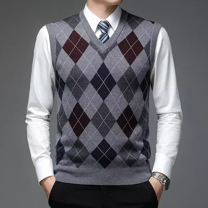 2023 남성용 브이넥 울 조끼, 민소매 니트 스웨터, 체크 무늬 인쇄 조끼 스웨터, 5 가지 색상, 가을 및 겨울