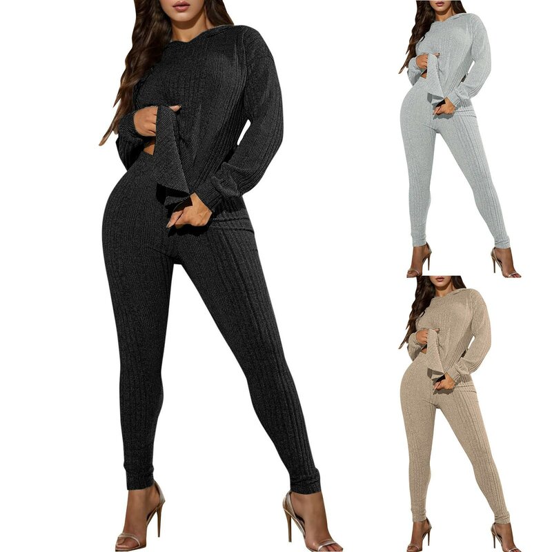 여성용 스웨터 투피스 니트 후드 탑, 긴팔 스키니 팬츠 세트, 캐주얼 및 편안한 타이트 피팅, 섹시한 의상
