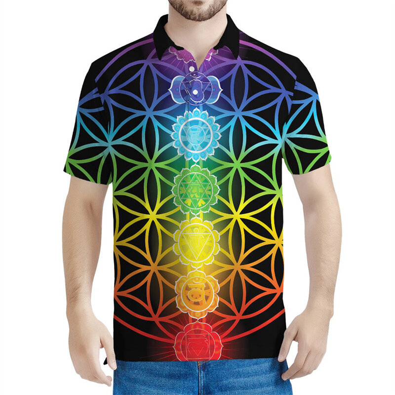 Kolorowa koszulka polo z nadrukiem 3D Chakras Energy Letnie luźne koszulki z guzikami dla mężczyzn Odzież Streetwear Koszulki z krótkim rękawem Topy