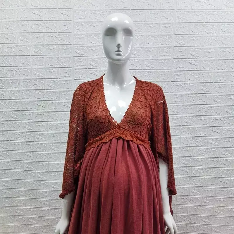 Boho koronkowe rekwizyty do fotografii ciążowej sukienki sesja zdjęciowa suknia Maxi dekolt w stylu Vintage sukienka ciążowa na Baby Shower