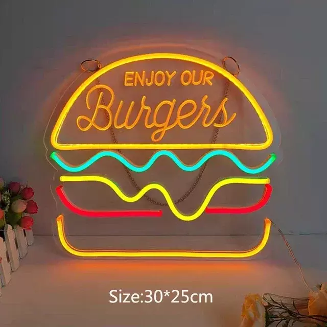 Fries Neon Sign Hot Dog Hamburger Pizza Bolo Donuts Lâmpadas LED Neon Iluminação USB Party Restaurant Loja Decoração do quarto Kawaii