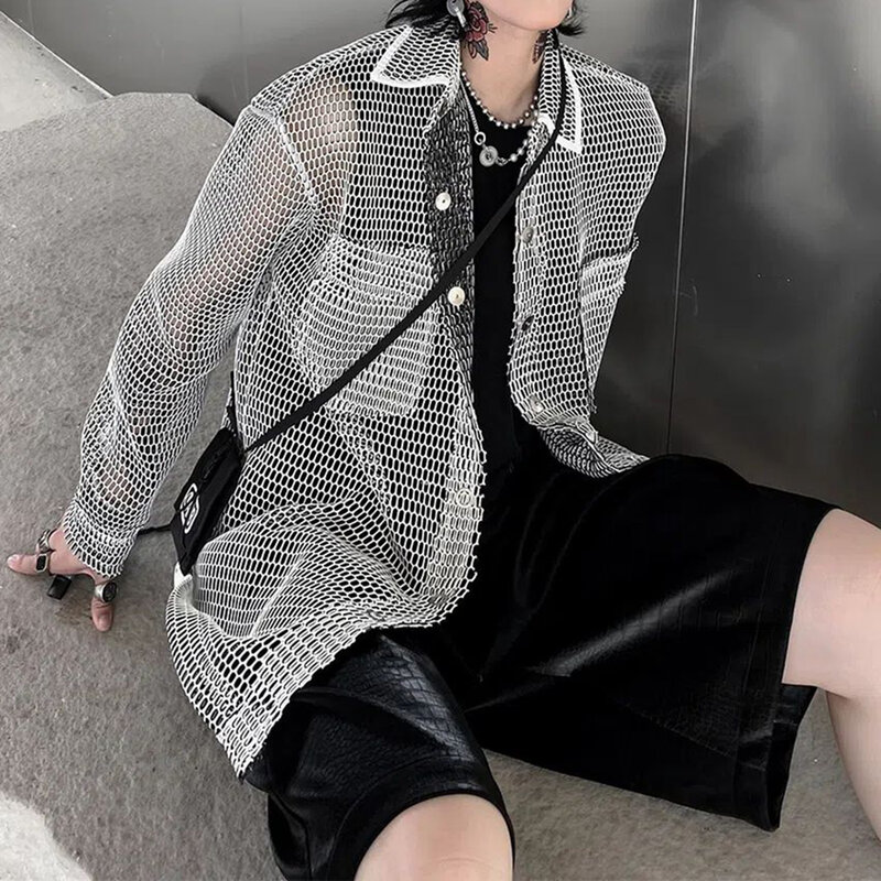 Мужская сетчатая рубашка в стиле Харадзюку, Повседневная Свободная универсальная блузка большого размера, уличная одежда в стиле Харадзюку, винтажные корейские Блузы с защитой от солнца