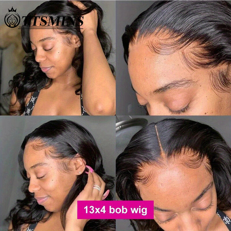 Peluca de cabello humano ondulado para mujer, postizo de encaje frontal con corte Bob, color negro Natural, densidad de 180%, sin pegamento, 13x4