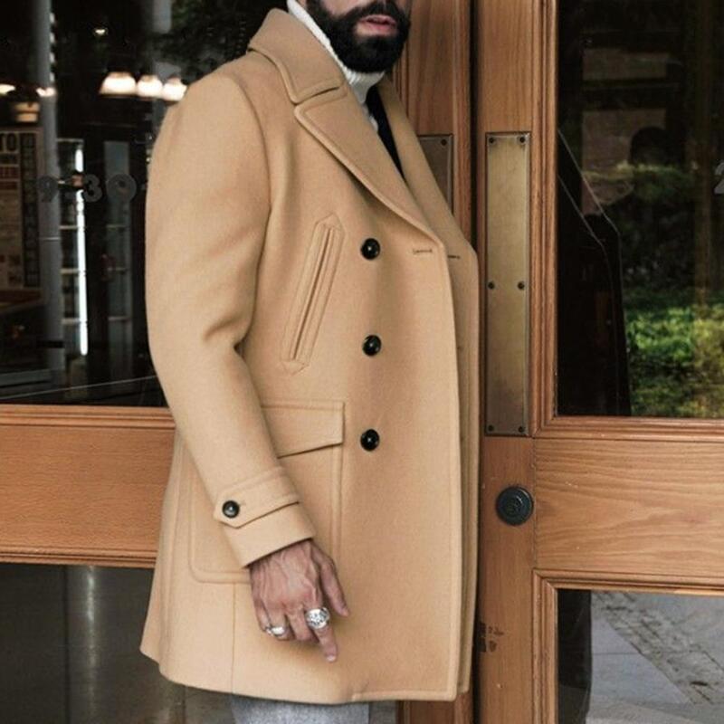 Gabardina Formal de estilo británico para hombre, abrigo de doble botonadura con cuello de muesca y bolsillos, Color sólido, grueso y largo para otoño