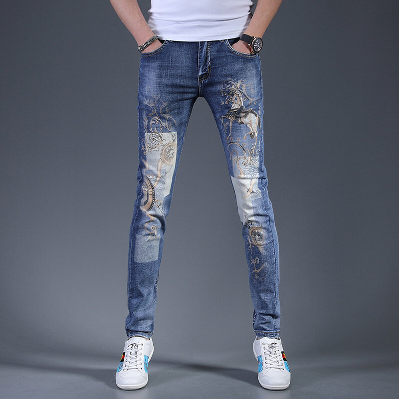 Jeans masculino slim fit estampado, roupa jeans, calça casual, pés de elástico, na moda, luxo, elegante, novo, 2024
