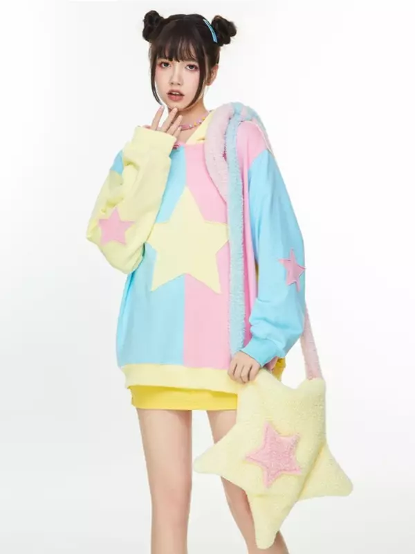 Deeptown Harajuku Kawaii Star Print Hoodies Women Vintage Kpop Patchwork Sweatshirts Grunge Oversized Casual Tops Y2K Streetwear