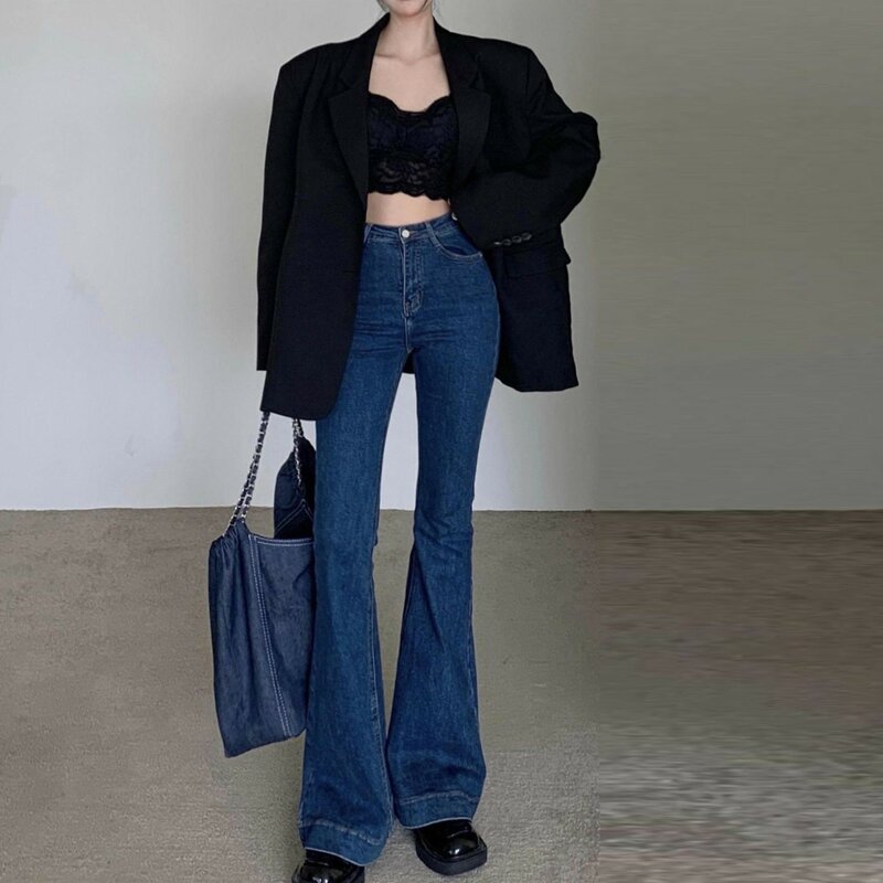 Jeans évasés taille haute vintage pour femmes, pantalons élastiques pour dames, coupe amincissante, jeans rétro sexy, léger détruit, fjFashion