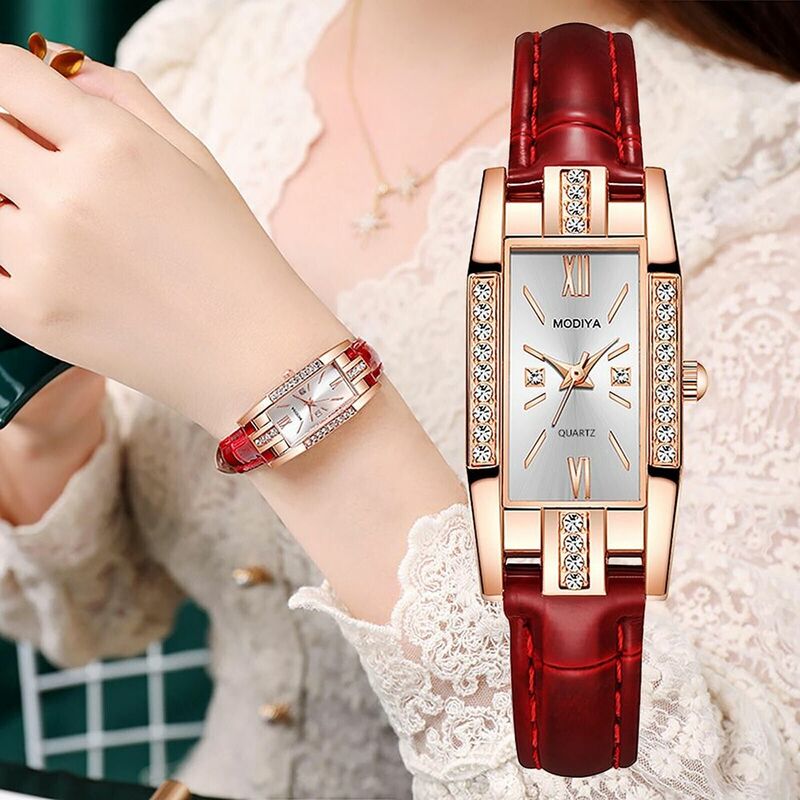 Relógio de quartzo de couro feminino, relógio quadrado diamante, moda feminina casual, requintado, luxo
