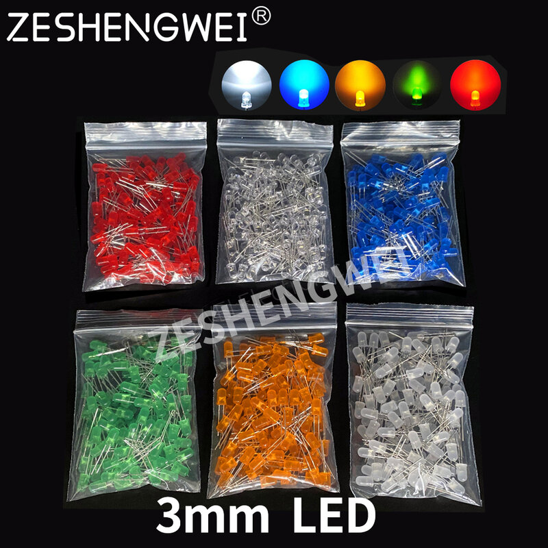 Kit surtido de diodos LED F3 de 3mm, blanco, verde, rojo, azul, amarillo, naranja, rosa, morado, bricolaje, 100 Uds.