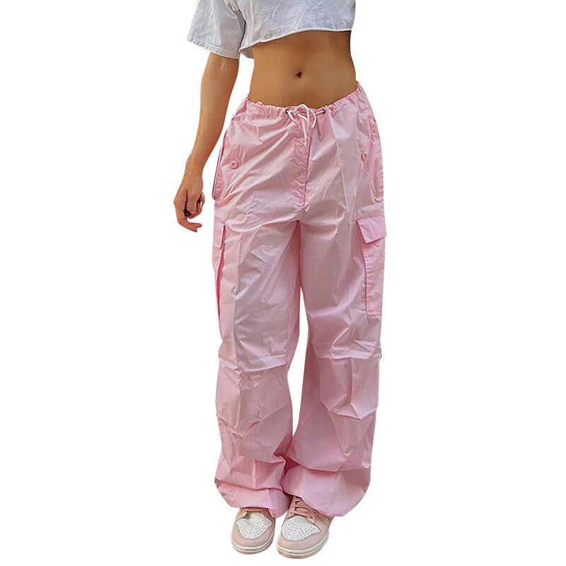 Pantalones de trabajo con bolsillos y cordones para mujer, ropa de calle americana, informal, Color sólido