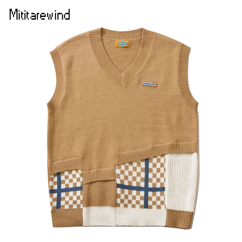 2023 outono inverno com decote em v camisola colete masculino feminino retalhos xadrez casal camisola de malha superior japonês retro sem mangas colete