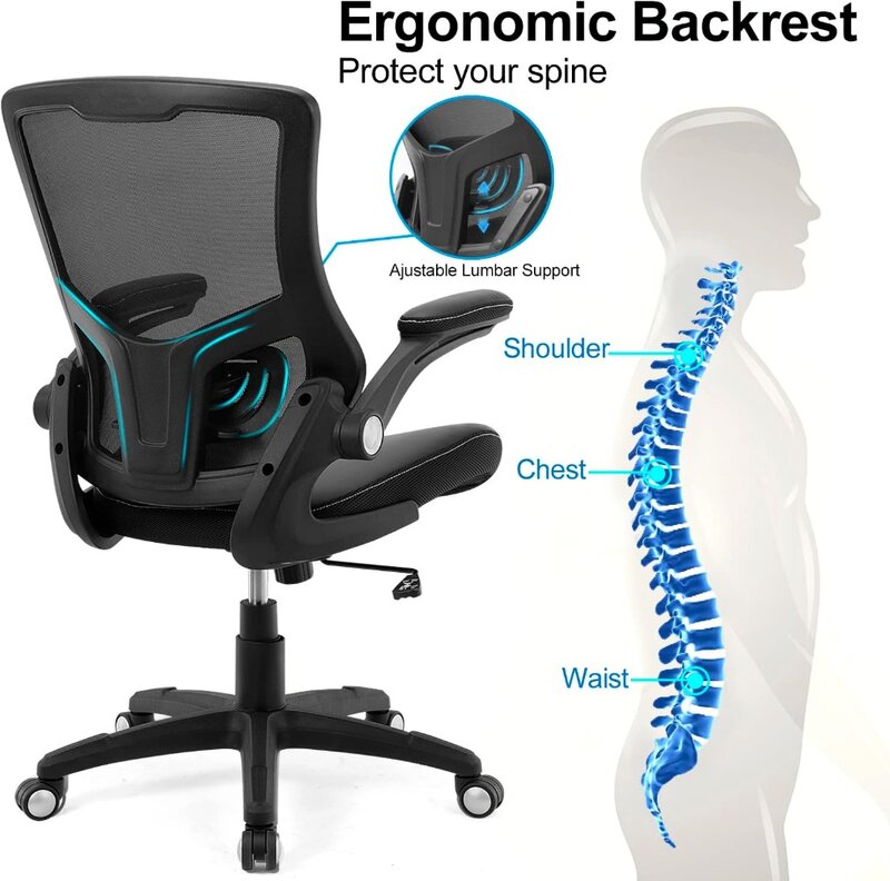 Sedia da ufficio sedia da scrivania ergonomica, sedia da ufficio in pelle PU per Computer, schienale girevole in rete supporto lombare regolabile Flip-up