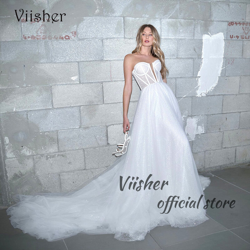 Viisher блестящие белые тюлевые трапециевидные свадебные платья, костяной корсет, женский свадебный наряд на шнуровке