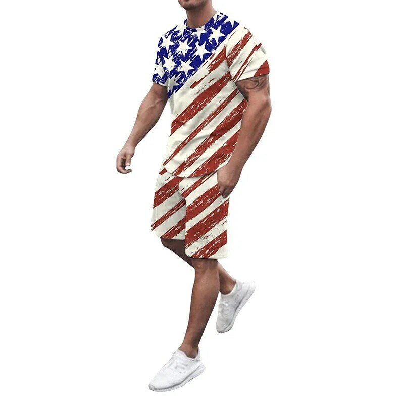 Setelan T-shirt celana pendek pria, pakaian olahraga bercetak 3D bendera Amerika Serikat 2 potong untuk lelaki