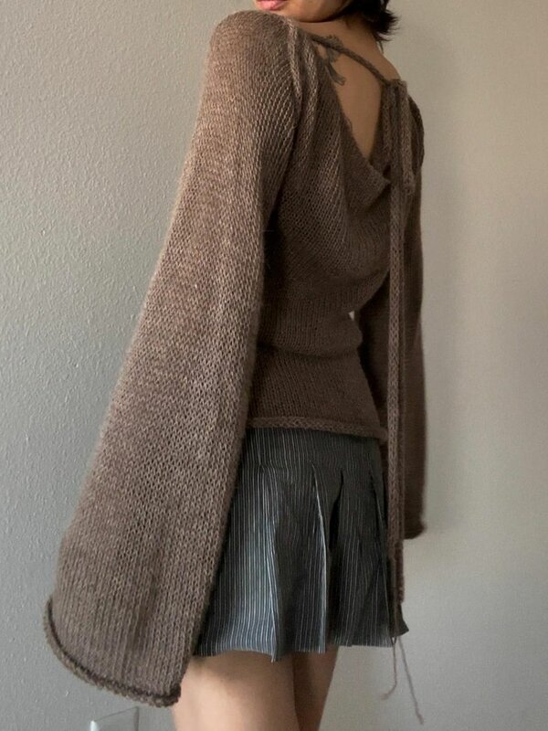 Suéter Vintage con lazo para mujer, parte inferior de campana, manga larga, cuello de barco, punto sólido, puente sin espalda, top informal, Y2K