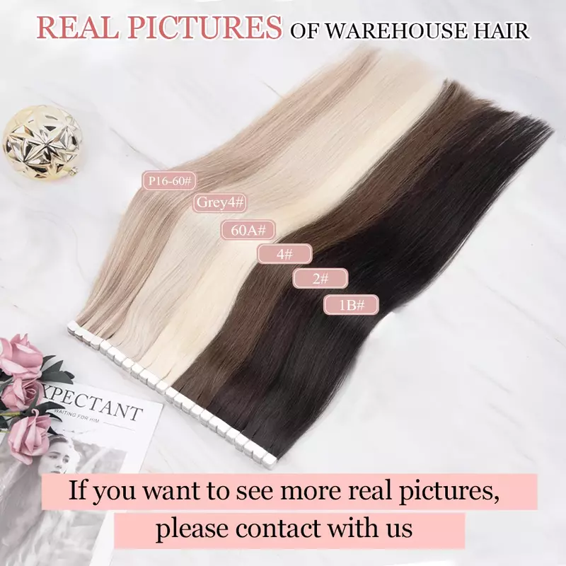 K.S WIGS Mini Tape In Human Hair Extensions Straight Seamless Skin Weft Invisible Natural Non-Remy Human Hair Adhesive Extension