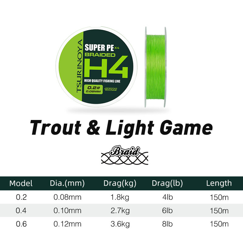 TSURINOYA 4 Weaves PE Fishing Line H4 4-8lb 150m Light Game Trout Game Long Casting 4 Strand Braided Smooth Multifilament Line