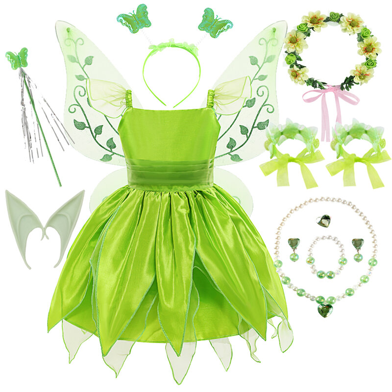 おとぎ話の女の子のためのベルドレス,プリンセスコスチューム,緑の花,翼のある生地,かつら,ベル,カーニバルパーティーの服,子供のためのコスプレ