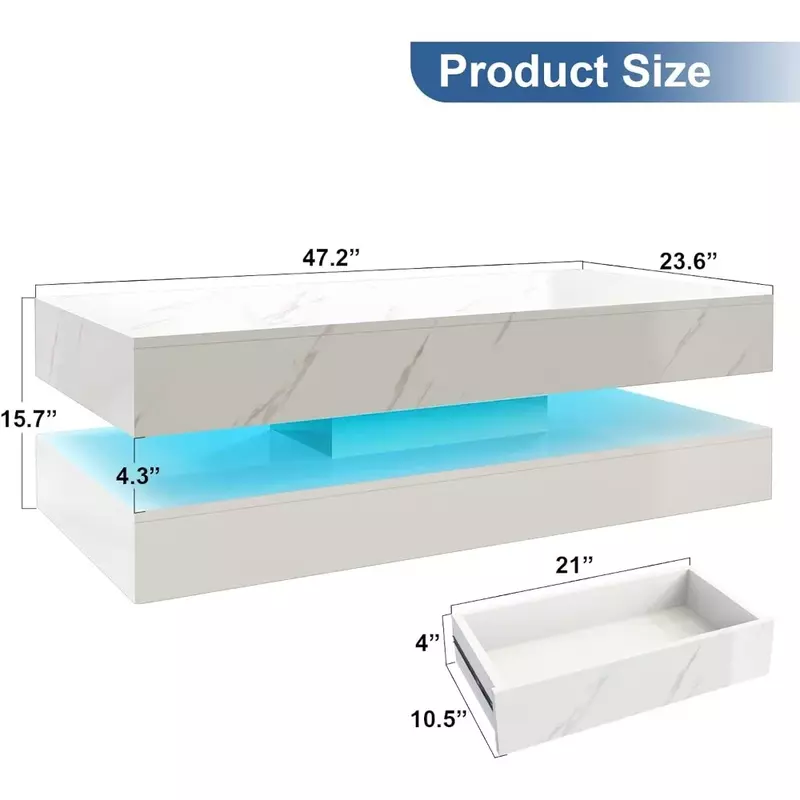 Tavolino con led, tavolino moderno bianco lucido con 2 cassetti portaoggetti, tavolino rettangolare a 2 livelli