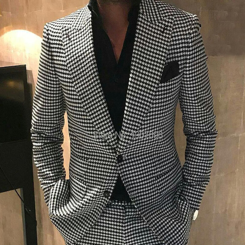 Plaid Men's Wedding Suit 2-piece Houndstooth Plaid Groom Tuxedo Men's Fashion Suit 2023 Clothing Suit Jacket with Trousers