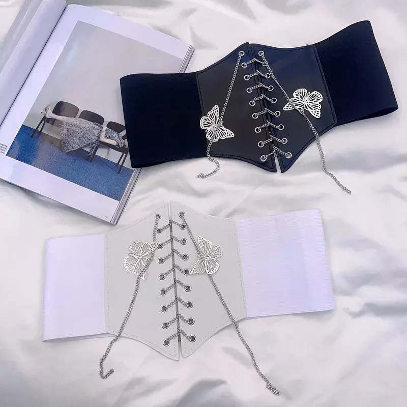 Damski elastyczny pas motylkowy łańcuszek z szerokim gorsetem damska sukienka pasem pasowym ubrania akcesoria