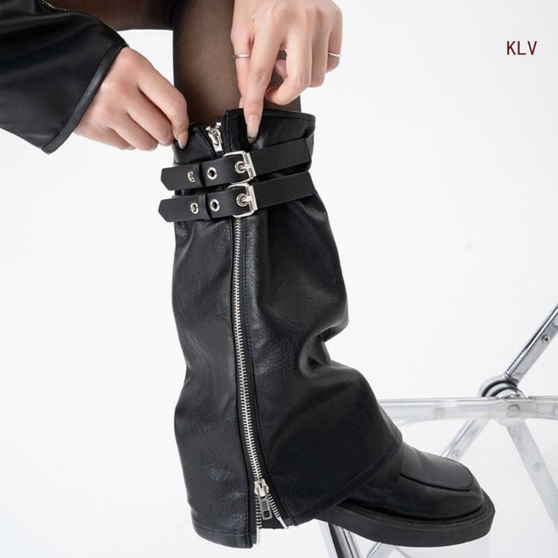 أغطية ساق نسائية من جلد البولي يوريثان الأسود البانك مع حزام العيينة وسحاب Harajuku Y2K جوارب تدفئة الساق القوطية للفتيات 6XDA