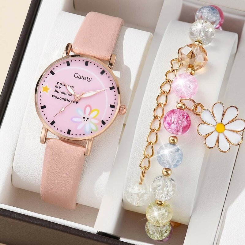 【Free Bracelet】 Cute Children's Flower Watch Candy Color Student Quartz Watches Little Daisy Bracelet Set No Box