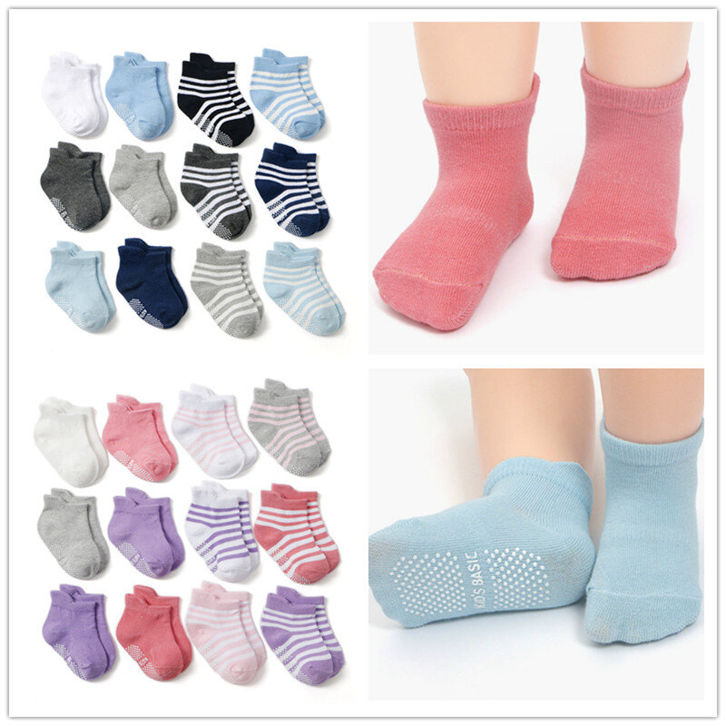 Calcetines tobilleros antideslizantes con empuñaduras para bebé, niño y niña de 0 a 5 años, medias de algodón para todas las estaciones, lote de 6 pares