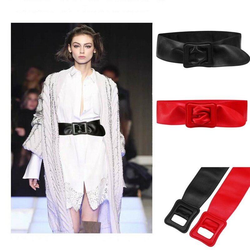 2022 New High quality Leather Fashion Retro Style Sweater Soft Waist Belt Women Wide Decoration With Design Skirt Coat Black Red