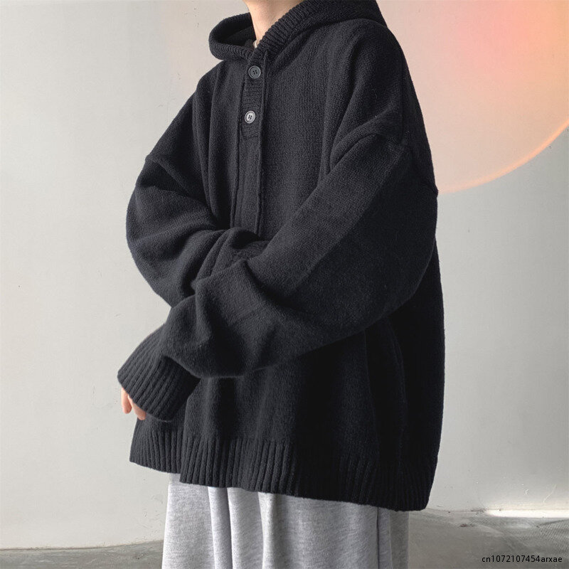 Sweater berkerudung pria, pakaian Jumper lengan panjang longgar hitam gaya Korea Pullover rajut kasual mode hangat musim dingin