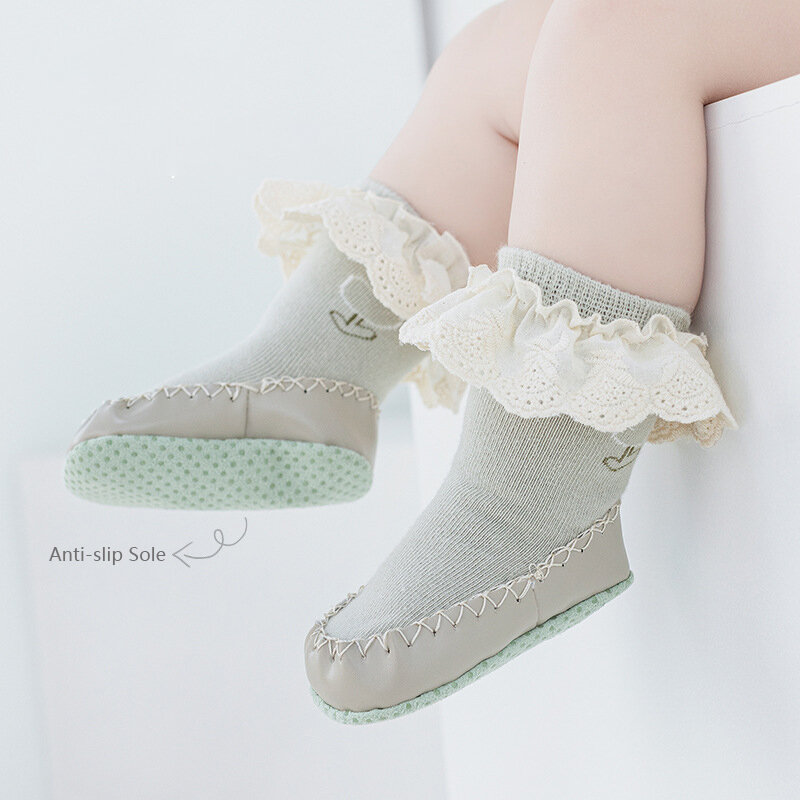Modamama – chaussettes de sol en dentelle pour bébé, couleur unie, en coton peigné, antidérapantes, pour enfant en bas âge, collection automne et hiver