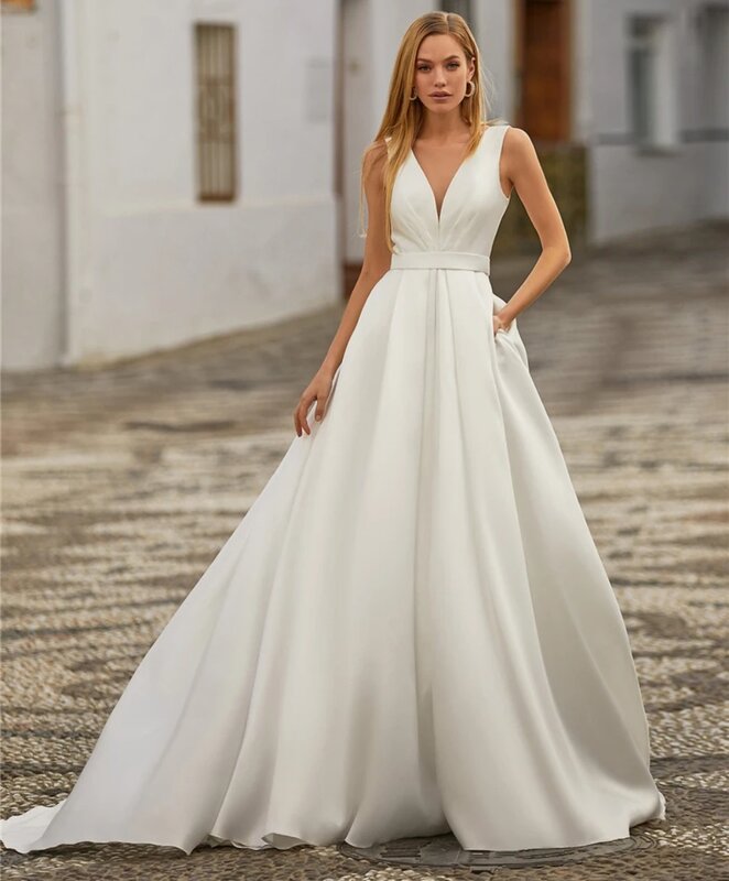 Nowa prosta suknia ślubna biała zwykła satyna w kształcie linii z kieszeniami do podłogi suknia ślubna pociągu 2024 Vestidos de novia