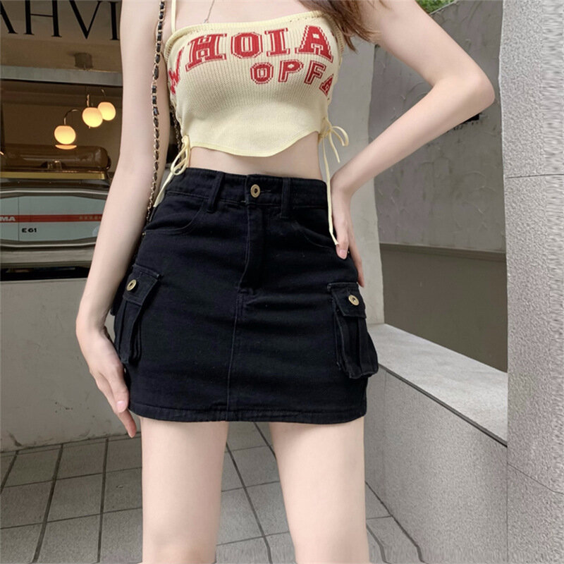 Summer Fashion Women Street Spicy Girl Denim Cargo Skirts Solid Button Pocket Versatile High Waist Anti-glare Mini A-line Skirt