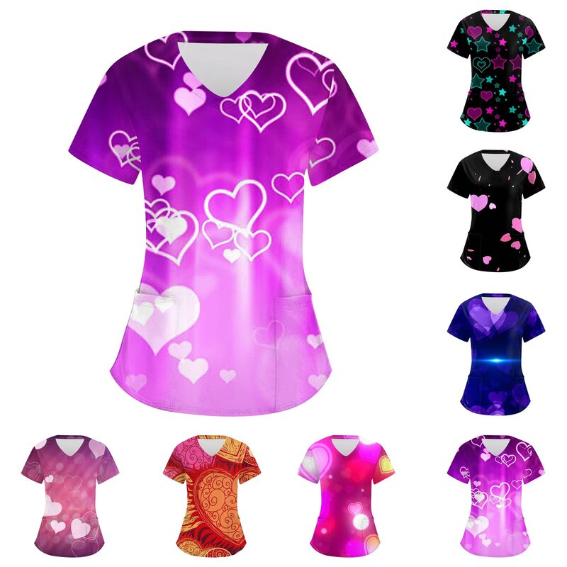 Corações femininos estampados manga curta com decote em v, blusa de bolso, uniforme de bolso médico, tops do dia dos namorados, 2023