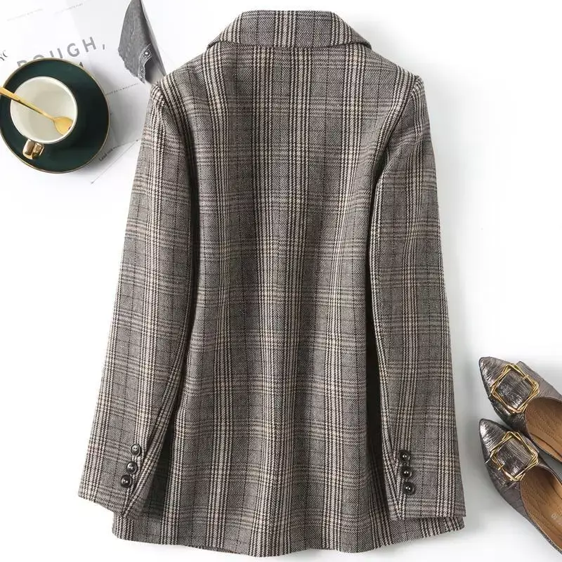 Jaqueta de terno quadriculado para mulheres, casaco casual, peça única, parte superior, blazers, roupas femininas, outono, novo, B383