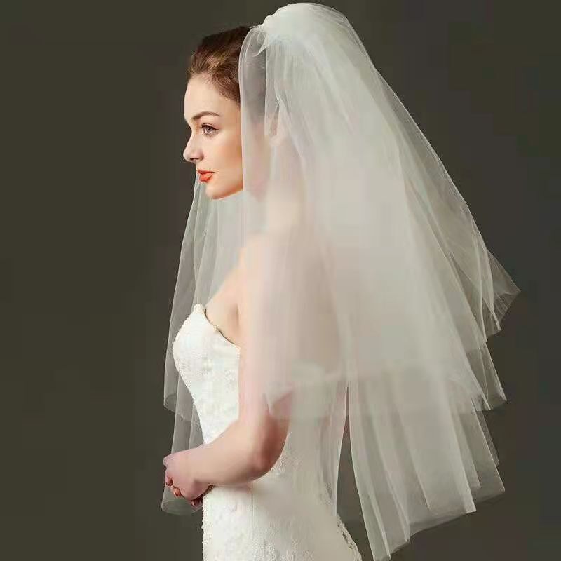 Kerudung pernikahan Formal 2 lapis hiasan kepala pengantin putih gading sederhana aksesoris sisir pengantin