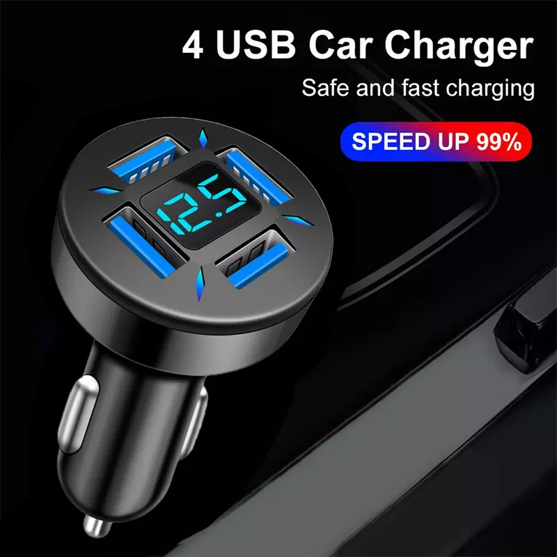 Fast Charger Adapter Car Charger Car Accessories 4 USB Port QC 3.0 With Voltage Display 12-24V For Phone Universal