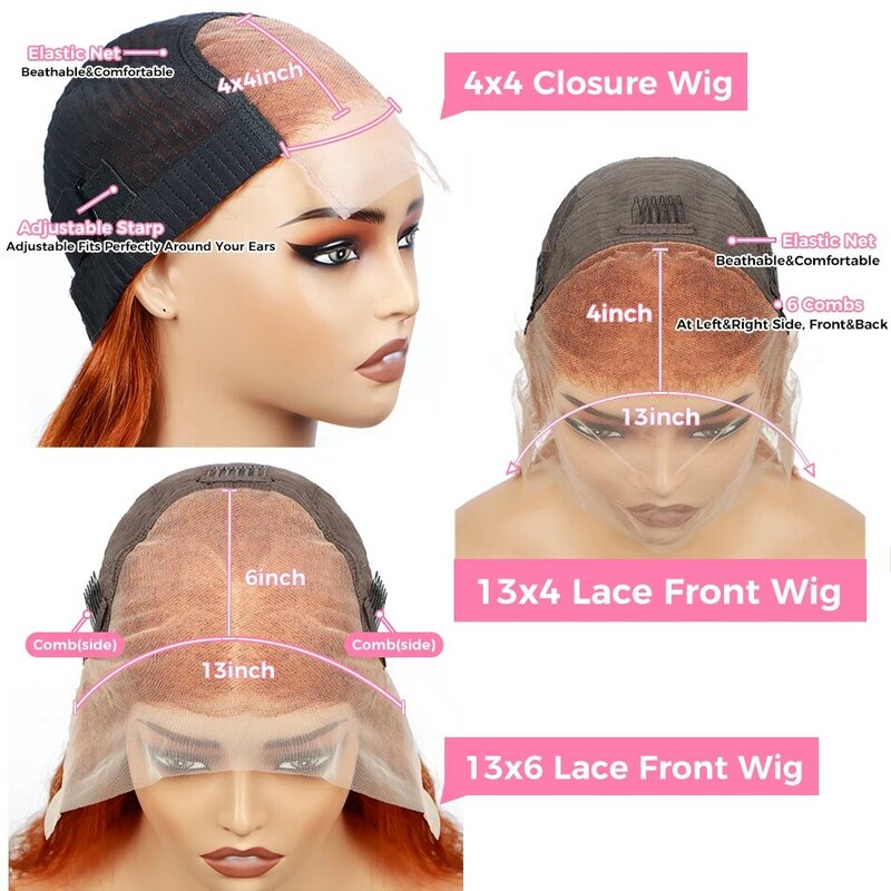 Peruca dianteira do laço da onda do corpo de gengibre para mulheres, cabelo humano, peruca frontal transparente do laço 13x4 HD, perucas de gengibre laranja, pré arrancadas