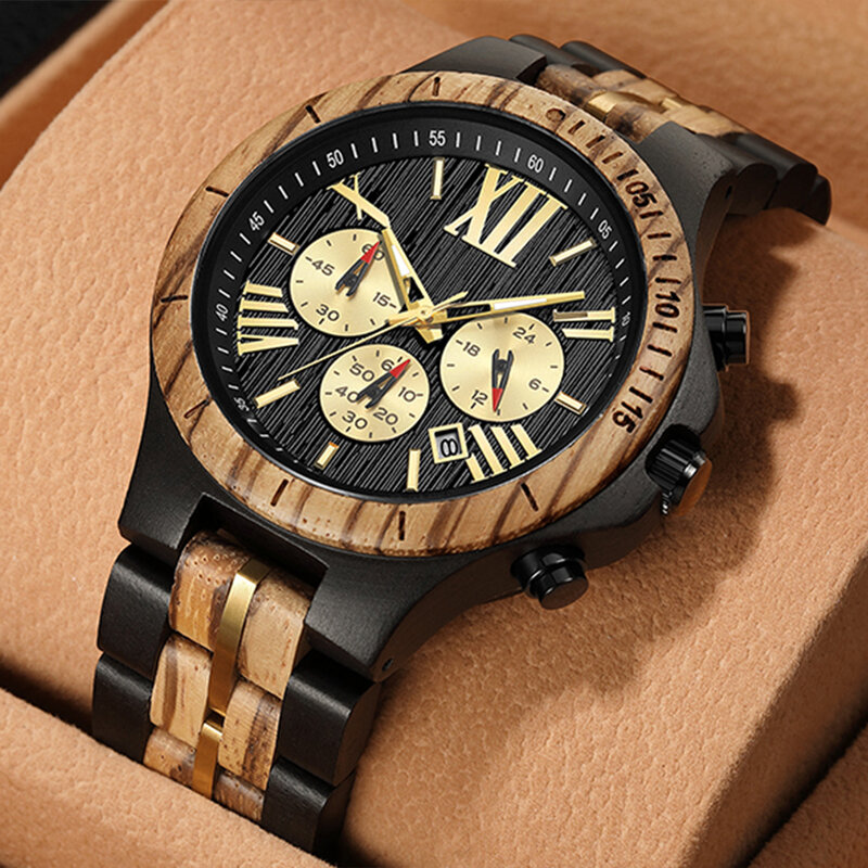 Natural Solid Wood Watch for Men Chronograph Multifunctional Brown Black Quartz Watches Ebony Wooden Band Male Wristwatch Clock