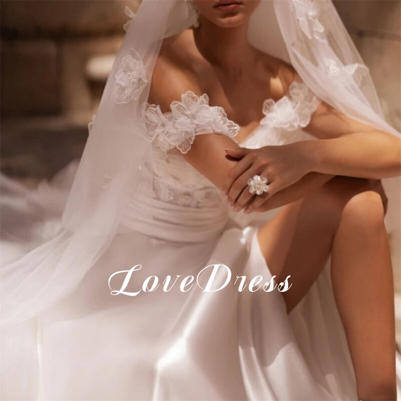 Love Elegant 3D Flower Off The Shoulder Stain Wedding Dresses A-line High Side Slit Lace Backless Bridal Gowns Vestidos de novia