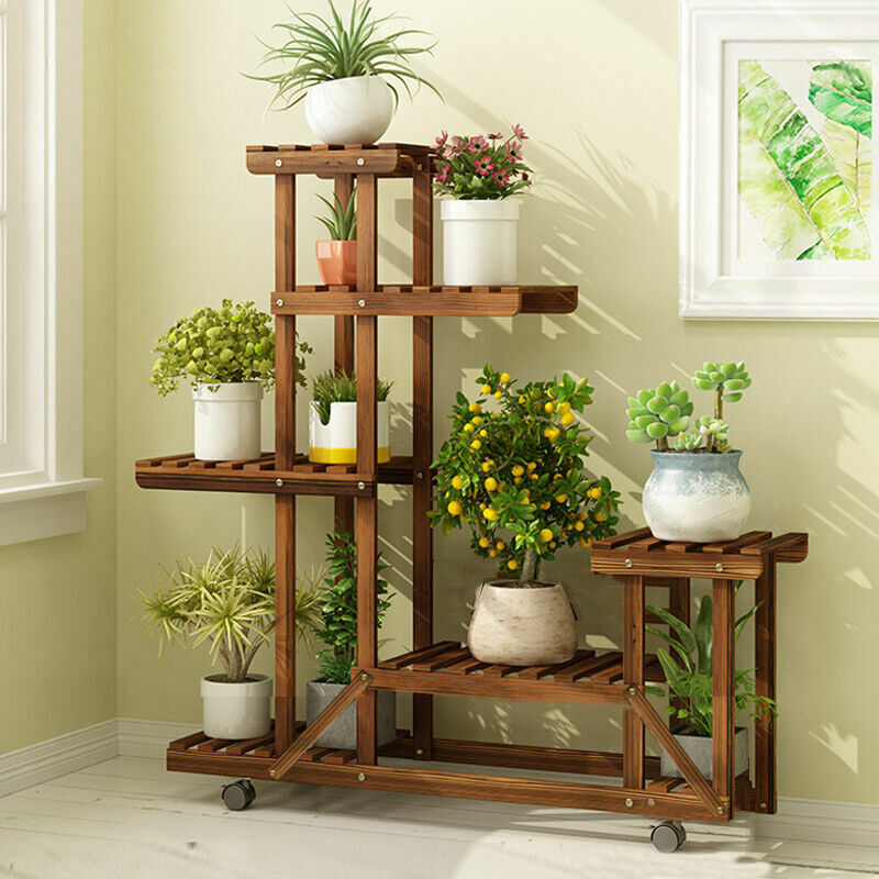 UNHO-Soporte de madera para plantas con ruedas, estante de exhibición de flores de plantas rodantes multicapa, estante de almacenamiento móvil para interiores y exteriores